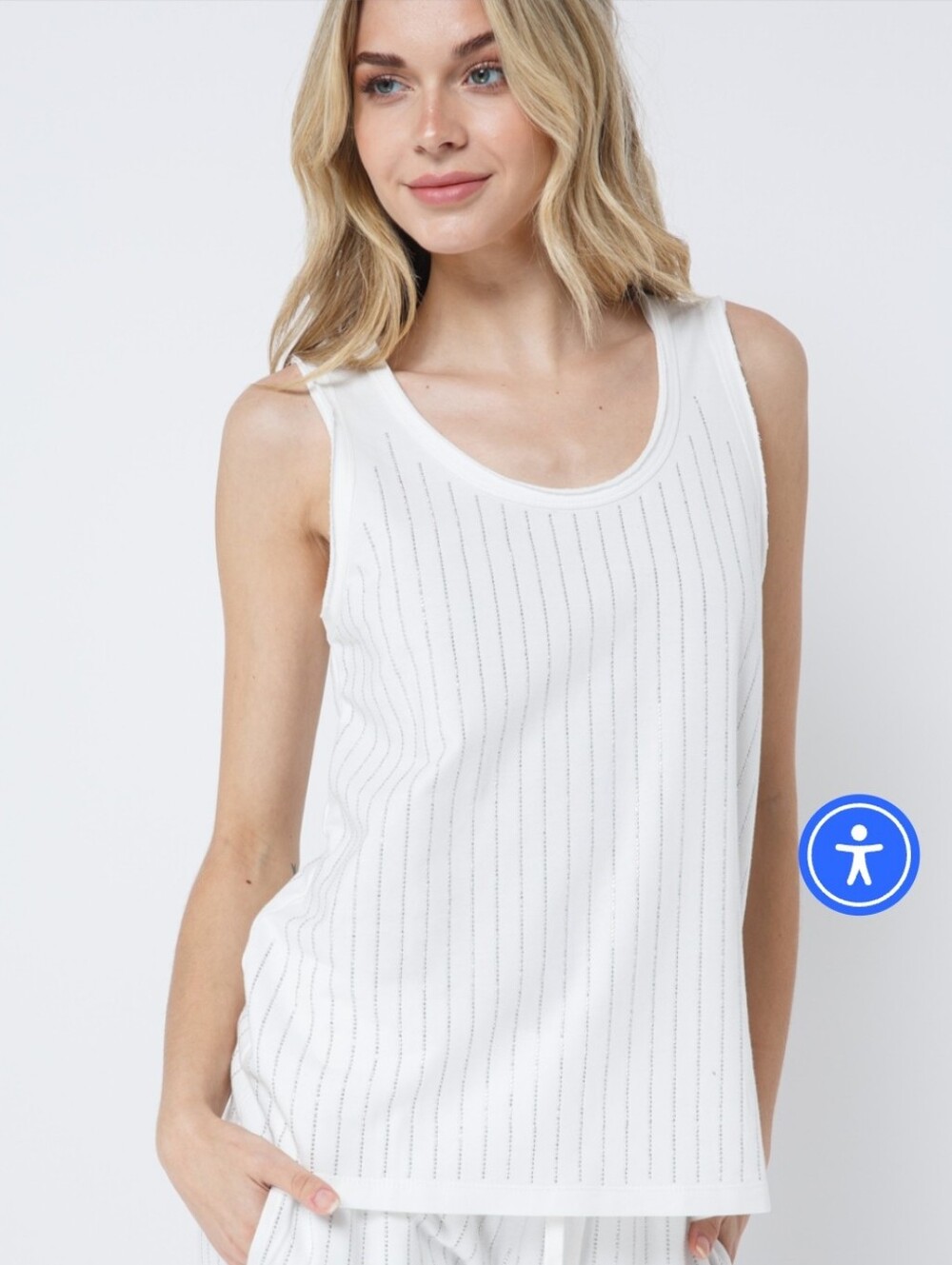 Vocal White Tank Top with Silver Rhinestone Pinstripes